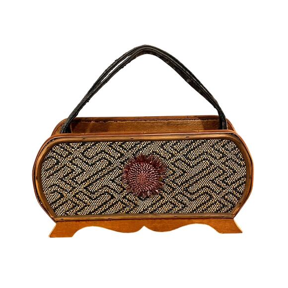 Vintage Woven Wooden Box Purse with Flower Detail and Wicker Panels - Picture 1 of 10